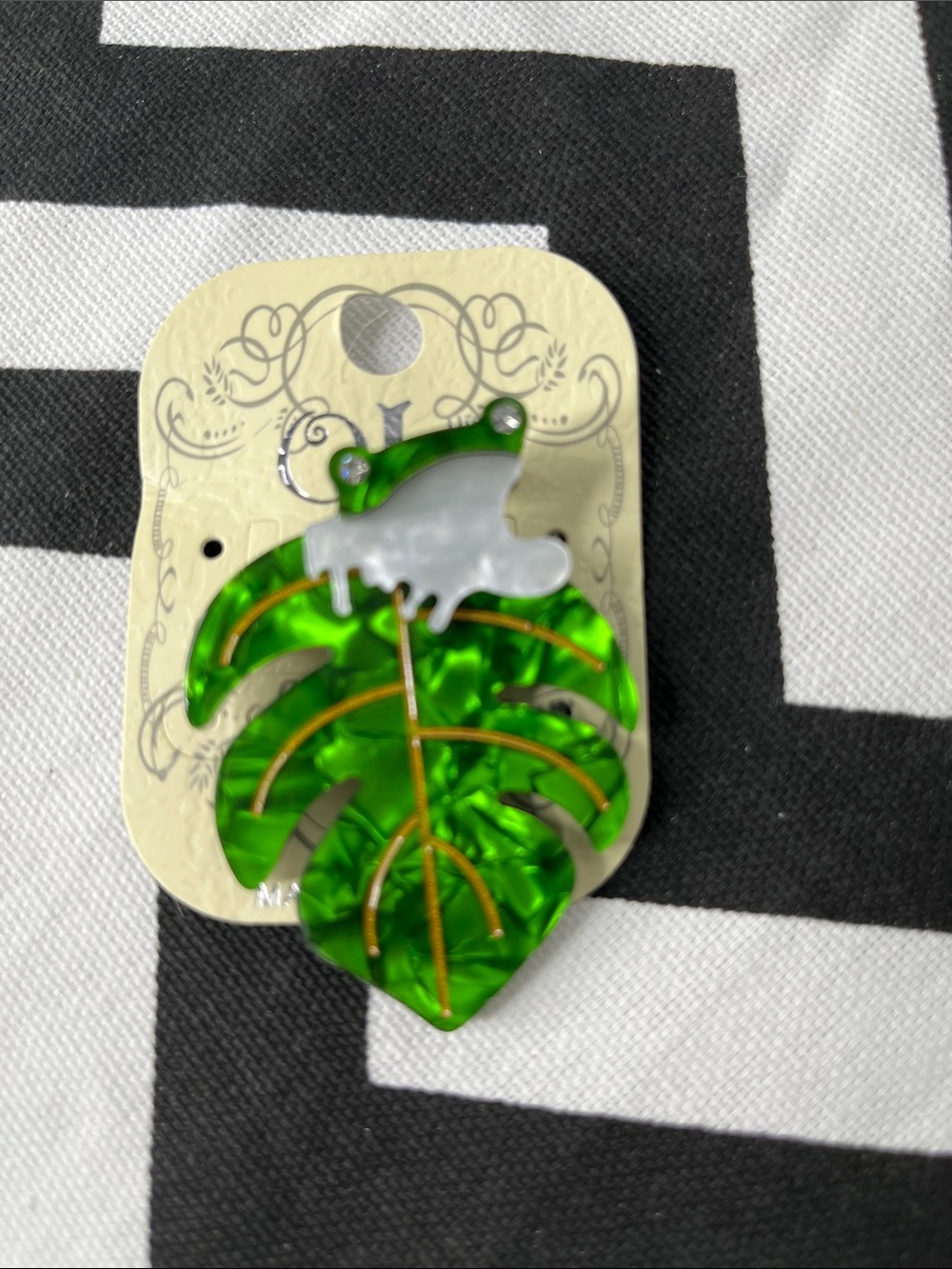 Green Leaf Acrylic Brooch with White Frog Accent